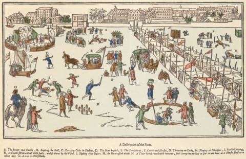 A 1683 frost fair on the river Thames.