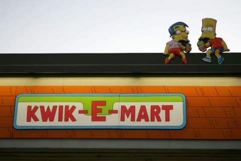 A promotional redesign for 7-Eleven made it resemble the Kwik-E-Mart of Simpsons fame in 2007.