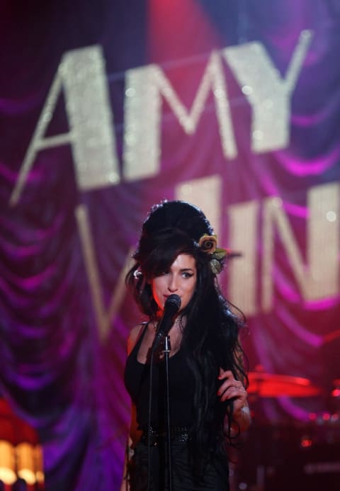 Amy Winehouse performs at the Riverside Studios for the 50th Grammy Awards ceremony via video link on February 10, 2008 in London, England.