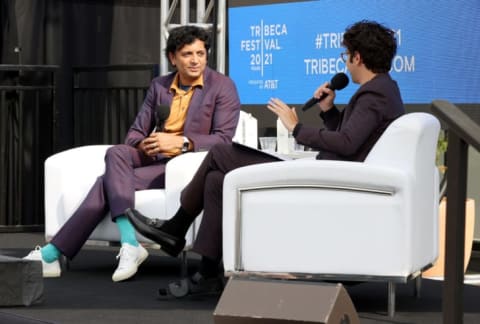 M. Night Shyamalan speaks to Alex Wolff at the "Tribeca Talks: M. Night Shyamalan" event during the 2021 Tribeca Festival in New York City.