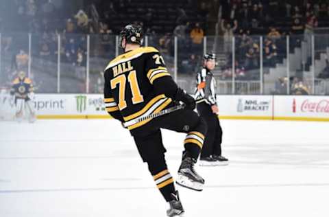 May 10, 2021; Boston, Massachusetts, USA; Boston Bruins left wing Taylor Hall (71) reacts after scoring the winning goal in overtime against the New York Islanders at TD Garden. Mandatory Credit: Bob DeChiara-USA TODAY Sports