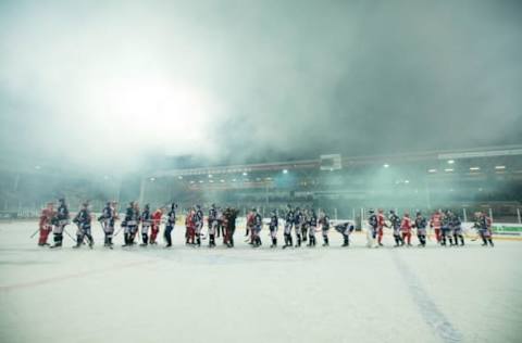 FREDRIKSTAD, NORWAY – JANUARY 21: Players of Stjernen Hockey and Sparta Warriors shake hands during the 2017 GET-ligaen Winter Classic hockey game between Stjernen Hockey and Sparta Warriors on January 21, 2017 in Fredrikstad, Norway. (Photo by Ragnar Singsaas/Getty Images)