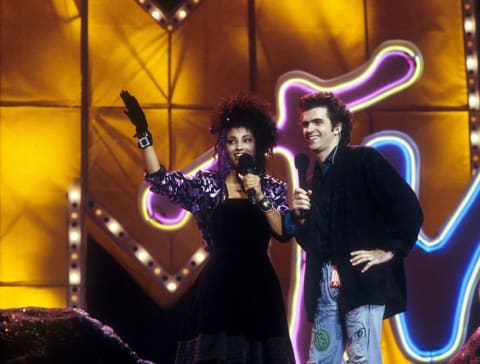 MTV VJ Downtown Julie Brown and Dwezil Zappa appear on the MTV Video Music Awards on September 11, 1987.