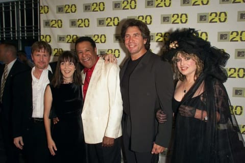 Original MTV VJs Alan Hunter, J.J. Jackson, Martha Quinn, Mark Goodman, and Nina Blackwood celebrate the network's 20th anniversary in 2001.