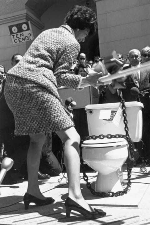 March Fang Eu smashes a toilet in protest at the California State Capitol in May 1969.