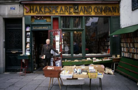 George Whitman outside Shakespeare and Company in 2002.