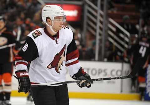 November 9, 2015; Anaheim, CA, USA; Arizona Coyotes center Max Domi (16) during a stoppage in play against Anaheim Ducks in the third period at Honda Center. Mandatory Credit: Gary A. Vasquez-USA TODAY Sports