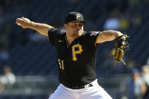 Jun 5, 2022; Pittsburgh, Pennsylvania, USA; Pittsburgh Pirates relief pitcher David Bednar (51) pitches against the Arizona Diamondbacks during the ninth inning at PNC Park. Pittsburgh shutout Arizona 3-0. Mandatory Credit: Charles LeClaire-USA TODAY Sports