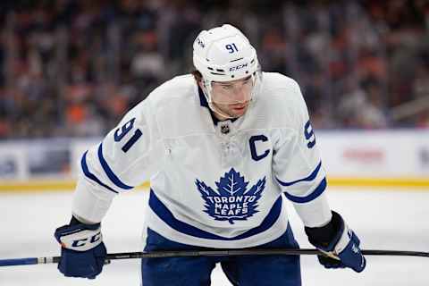 EDMONTON, AB – DECEMBER 14: John Tavares #91 of the Toronto Maple Leafs skates against the Edmonton Oilers during the first period at Rogers Place on December 14, 2021 in Edmonton, Canada. (Photo by Codie McLachlan/Getty Images)