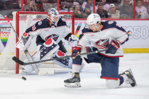 Mar 5, 2023; Ottawa, Ontario, CAN; Columbus Blue Jackets defenseman Andrew Peeke (2) blocks a shot in the first period against the Ottawa Senators at the Canadian Tire Centre. Mandatory Credit: Marc DesRosiers-USA TODAY Sports