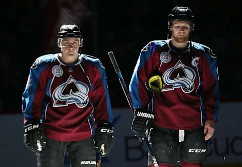 DENVER, CO – APRIL 9: Tyson Barrie #4 and Gabriel Landeskog #92 of the Colorado Avalanche are introduced prior to the game against the Anaheim Ducks at the Pepsi Center on April 9, 2016 in Denver, Colorado. The Ducks defeated the Avalanche 5-3. (Photo by Michael Martin/NHLI via Getty Images)”n