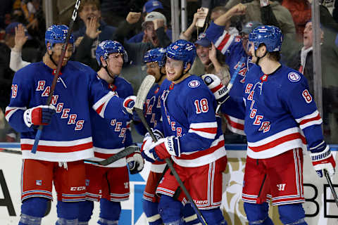 New York Rangers center Andrew Copp (18) celebrates his goal against the Pittsburgh Penguins with defenseman K’Andre Miller (79) and center Ryan Strome (16) and left wing Artemi Panarin (10) and defenseman Jacob Trouba (8) Credit: Brad Penner-USA TODAY Sports