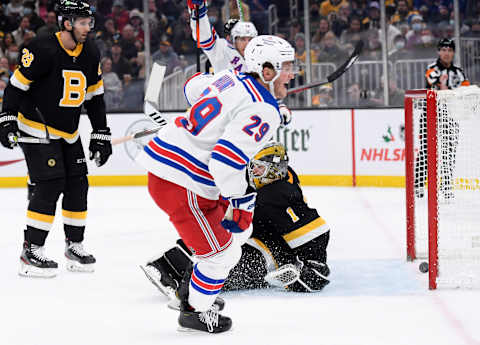 Nov 26, 2021; Boston, Massachusetts, USA; New York Rangers left wing Dryden Hunt (29) reacts after scoring a goal past Boston Bruins goaltender Jeremy Swayman (1) during the second period at TD Garden. Mandatory Credit: Bob DeChiara-USA TODAY Sports