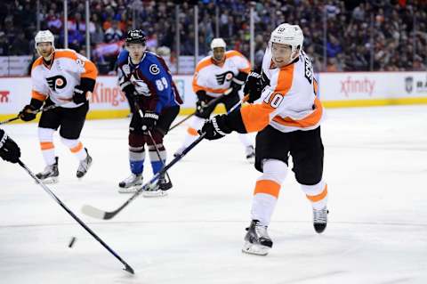 Mar 24, 2016; Denver, CO, USA; Philadelphia Flyers center Brayden Schenn (10) shoots the puck against the Colorado Avalanche in the third period at the Pepsi Center. The Flyers won 4-2. Mandatory Credit: Ron Chenoy-USA TODAY Sports