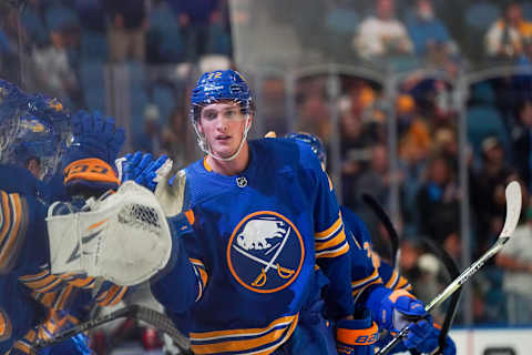 BUFFALO, NY – OCTOBER 14: Tage Thompson #72 of the Buffalo Sabres during the game against the Montreal Canadiens at KeyBank Center on October 14, 2021 in Buffalo, New York. (Photo by Kevin Hoffman/Getty Images)