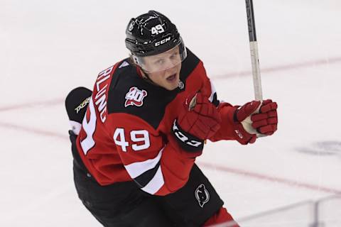 New Jersey Devils left wing Fabian Zetterlund (49): Ed Mulholland-USA TODAY Sports