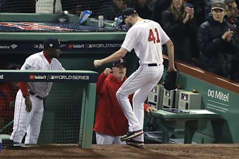 BOSTON, MA – OCTOBER 23: Chris Salle #41 of the Boston Red Sox returns to the dugout after being removed from the game during the fifth inning against the Los Angeles Dodgers in Game One of the 2018 World Series at Fenway Park on October 23, 2018 in Boston, Massachusetts. (Photo by Rob Carr/Getty Images)