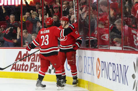 RALEIGH, NC – APRIL 04: Carolina Hurricanes Right Wing Brock McGinn (23) congratulates Carolina Hurricanes Left Wing Warren Foegele (13) after scoring during a game between the New Jersey Devils and the Carolina Hurricanes at the PNC Arena in Raleigh, NC on April 4, 2019. (Photo by Greg Thompson/Icon Sportswire via Getty Images)