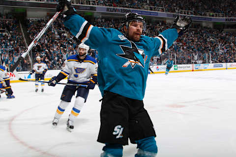 SAN JOSE, CA – MAY 25: Joonas Donskoi #27 of the San Jose Sharks celebrates after scoring a goal against the St. Louis Blues in Game Six of the Western Conference Finals during the 2016 NHL Stanley Cup Playoffs at SAP Center on May 25, 2016 in San Jose, California. (Photo by Rocky W. Widner/NHL/Getty Images)