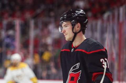 RALEIGH, NC – MAY 25: Andrei Svechnikov #37 of the Carolina Hurricanes reacts to a call by the referees in Game Five of the First Round of the 2021 Stanley Cup Playoffs at the PNC Arena on May 25, 2021, in Raleigh, North Carolina. (Photo by Jenna Miller/Getty Images)