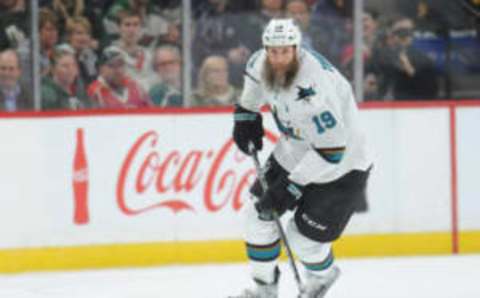 Mar 21, 2017; Saint Paul, MN, USA; San Jose Sharks forward Joe Thornton (19) carries the puck into the Minnesota Wild zone during the first period at Xcel Energy Center. Mandatory Credit: Marilyn Indahl-USA TODAY Sports