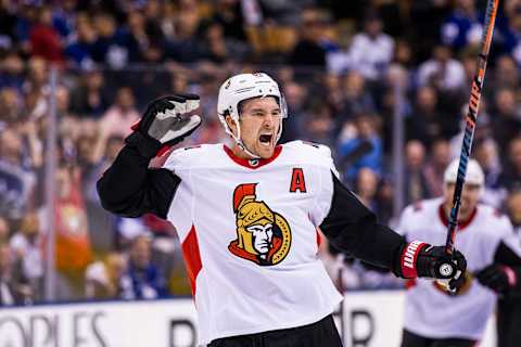 TORONTO, ON – OCTOBER 6: Mark Stone #61 of the Ottawa Senators celebrates an empty net goal during the third period against the Toronto Maple Leafs at the Scotiabank Arena on October 6, 2018 in Toronto, Ontario, Canada. (Photo by Kevin Sousa/NHLI via Getty Images)