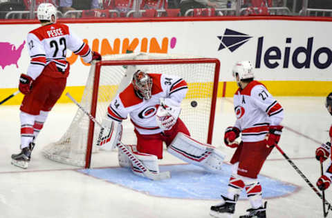 WASHINGTON, DC – APRIL 13: Carolina Hurricanes goaltender Petr Mrazek (34) gives up the game winning goal in overtime to the Washington Capitals on April 13, 2019, at the Capital One Arena in Washington, D.C. in the first round of the Stanley Cup Playoffs. (Photo by Mark Goldman/Icon Sportswire via Getty Images)