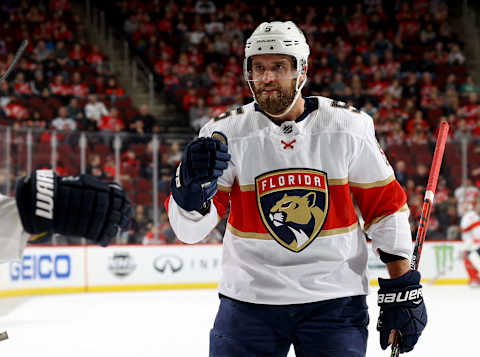 NEWARK, NEW JERSEY – FEBRUARY 11: Aaron Ekblad #5 of the Florida Panthers celebrates teammate Brett Connolly’s goal in the first period against the New Jersey Devils at Prudential Center on February 11, 2020 in Newark, New Jersey. (Photo by Elsa/Getty Images)