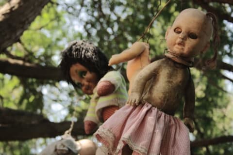 Residents on the Island of the Dolls hang out.