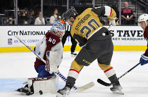 LAS VEGAS, NEVADA – OCTOBER 22: Alexandar Georgiev #40 of the Colorado Avalanche makes a save against Chandler Stephenson #20 of the Vegas Golden Knights in the second period of their game at T-Mobile Arena on October 22, 2022 in Las Vegas, Nevada. (Photo by Ethan Miller/Getty Images)