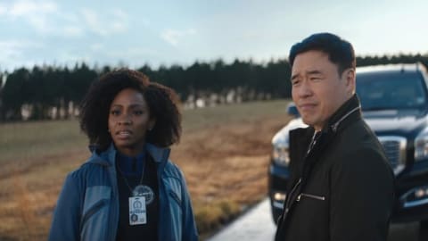 Teyonah Parris as Monica Rambeau and Randall Park as Jimmy Woo in WandaVision.