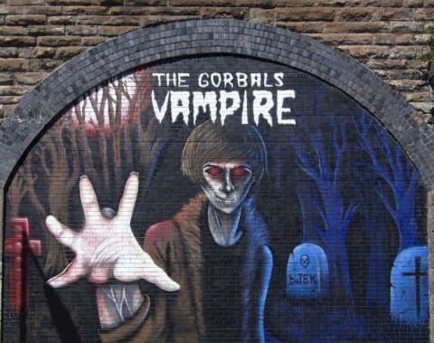 A modern mural in Glasgow of the Gorbals Vampire.