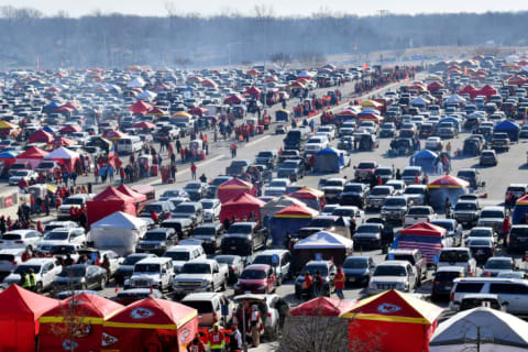 Hundreds of Chiefs fans tailgate outside Arrowhead Stadium on January 19, 2020 in Kansas City, Missouri.