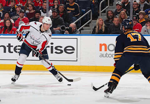 BUFFALO, NY – FEBRUARY 23: Andre Burakovsky #65 of the Washington Capitals shoots the puck during an NHL game against the Buffalo Sabres on February 23, 2019 at KeyBank Center in Buffalo, New York. (Photo by Bill Wippert/NHLI via Getty Images)