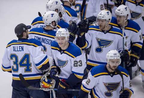 May 7, 2016; Dallas, TX, USA; St. Louis Blues right wing Dmitrij Jaskin (23) celebrates with teammates after defeating the Dallas Stars 4-1 in game five of the second round of the 2016 Stanley Cup Playoffs at American Airlines Center. Mandatory Credit: Jerome Miron-USA TODAY Sports