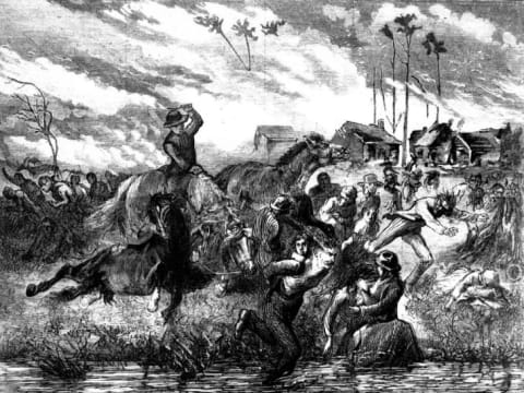 An illustration from an 1871 edition of Harper's Weekly shows the people of Peshtigo seeking refuge in the Peshtigo River.