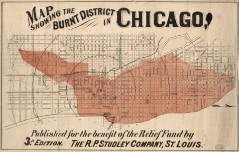 A map showing the damaged areas of Chicago following the Great Fire of 1871.