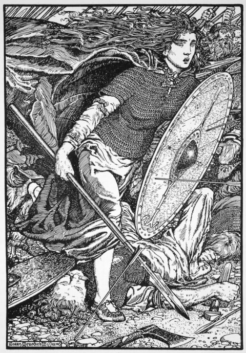 An illustration of Lathgertha, legendary Danish Viking shieldmaiden.