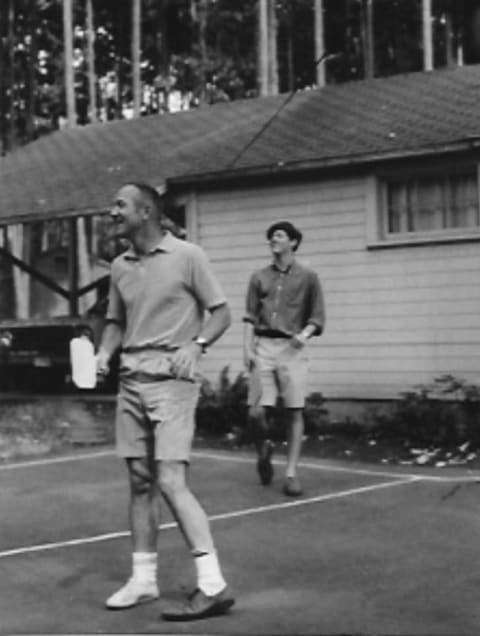 Joel (front) and Frank Pritchard play a game of pickleball. Notice that Joel is wearing two different shoes. "That was just my dad," says Frank of his father's footwear. "He just didn't give a rip."