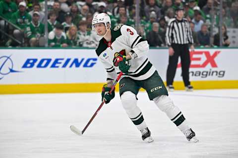 Apr 25, 2023; Dallas, Texas, USA; Minnesota Wild defenseman John Klingberg (3) Mandatory Credit: Jerome Miron-USA TODAY Sports