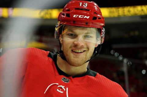 RALEIGH, NC – OCTOBER 29: Warren Foegele #13 of the Carolina Hurricanes is photographed during an NHL game against the Calgary Flames on October 29, 2019 at PNC Arena in Raleigh, North Carolina. (Photo by Gregg Forwerck/NHLI via Getty Images)