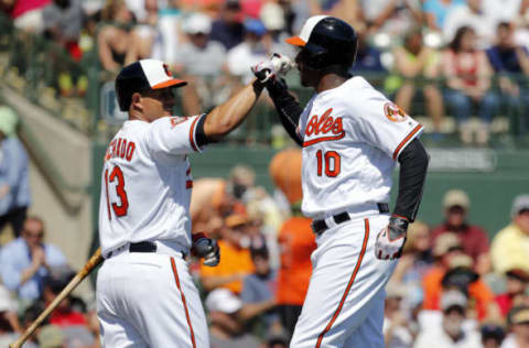 Mar 1, 2017; Sarasota, FL, USA; Baltimore Orioles center fielder Adam Jones (10) is congratulated by Baltimore Orioles shortstop Manny Machado (13) after he hit a home run during the first inning against the Boston Red Sox at Ed Smith Stadium. Mandatory Credit: Kim Klement-USA TODAY Sports