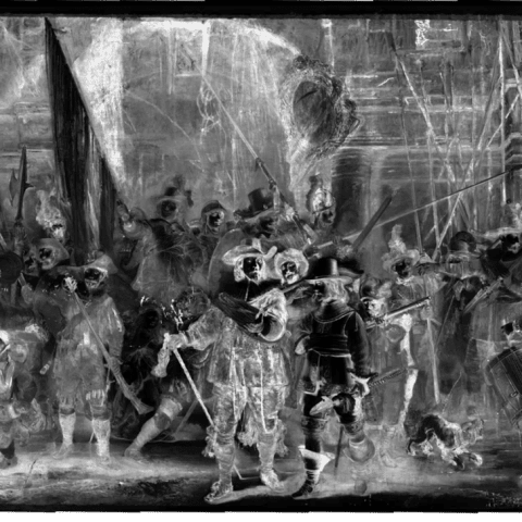 Calcium map of The Night Watch showing Rembrandt’s hidden sketch in the upper part of the painting.