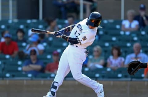 Nov 2, 2016; Scottsdale, AZ, USA; Salt River Rafters infielder Issan Diaz of the Milwaukee Brewers against the Scottsdale Scorpions during an Arizona Fall League game at Salt River Fields at Talking Stick. Mandatory Credit: Mark J. Rebilas-USA TODAY Sports. Minor league baseball.