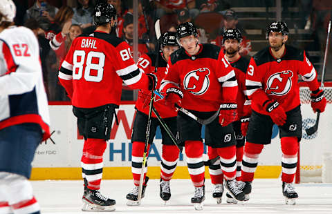 The New Jersey Devils celebrate a Jimmy Vesey goal (Photo by Bruce Bennett/Getty Images)