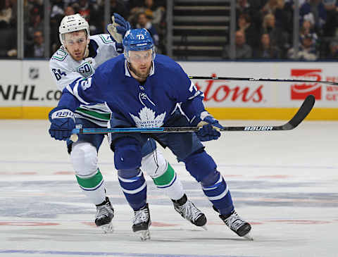 TORONTO, ON – FEBRUARY 29: Tyler Motte #64 of the Vancouver Canucks battles against Kyle Clifford #73 of the Toronto Maple Leafs . (Photo by Claus Andersen/Getty Images)