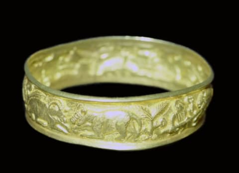 A gold bracelet from the Hoxne Hoard, buried in the 5th century. Found in Hoxne, Suffolk, in 1992, the hoard contained jewelry and a variety of precious tableware, buried for safety around the time of the Roman withdrawal from Britain. The Hoxne hoard is the richest find of treasure from Roman Britain.