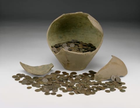 The complete local Roman imperial coin hoard with jar known as the the Chalgrove II Hoard, dating from the 3rd century CE.