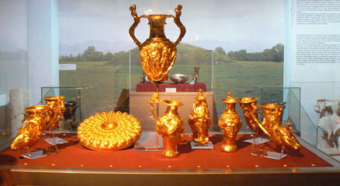 The Panagyurishte Treasure's gold objects on exhibit at the Natural History Museum of Bulgaria.