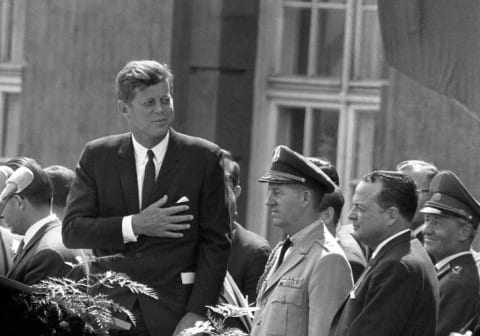 John F Kennedy giving a speech at the Schoeneberg city hall in Berlin, where he said his famous German sentence "Ich bin ein Berliner."